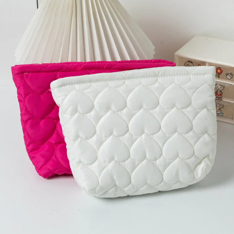 Cute Quilted Heart-Print Large Capacity Pastel Cosmetic Bag ( + more colors)