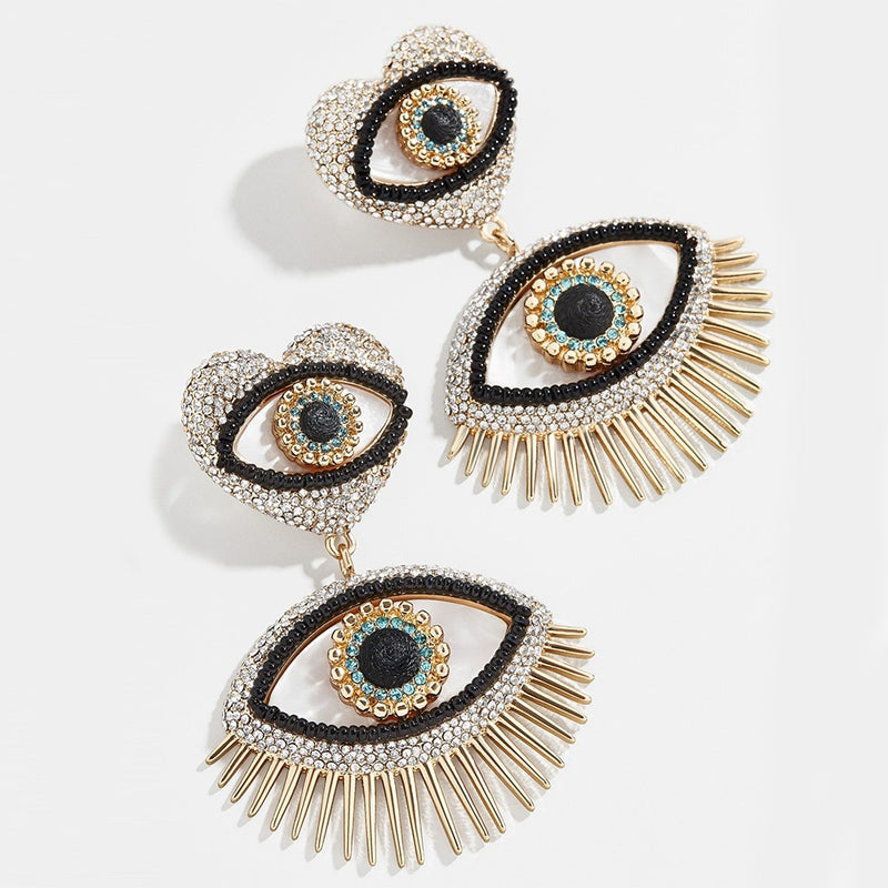 Rhinestone Evil Eye Heart Drop Statement Earrings