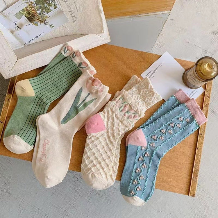 Cute Spring Tulip Series Kawaii Women Socks - 2 pairs