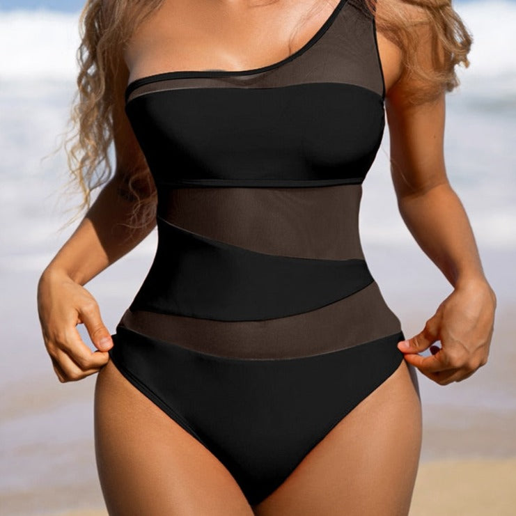 One Shoulder Mesh Patchwork One Piece Swimsuit