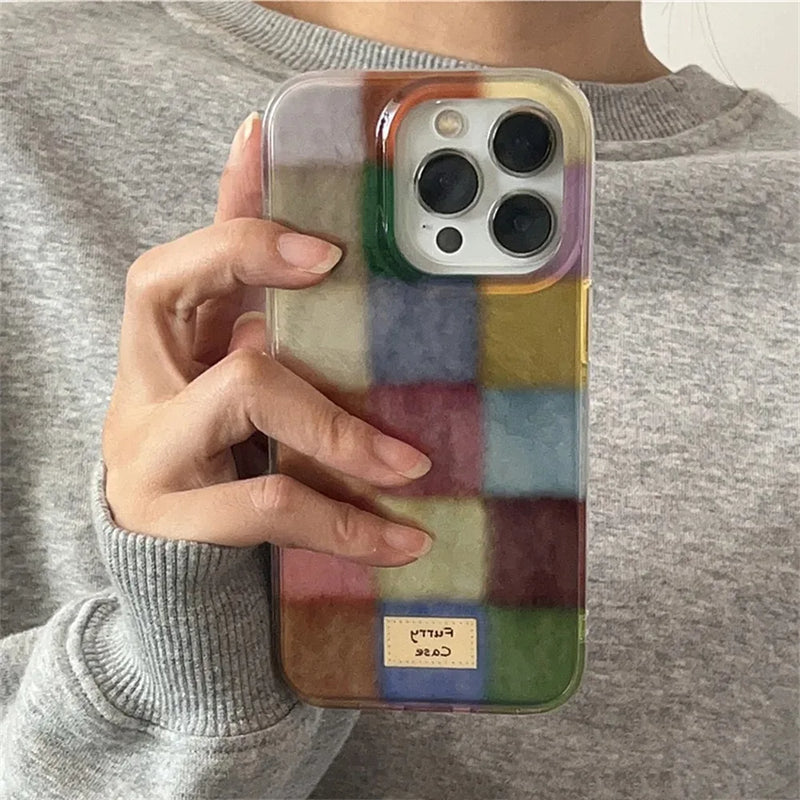 Cute Color Block Plaid Silicone iPhone Case