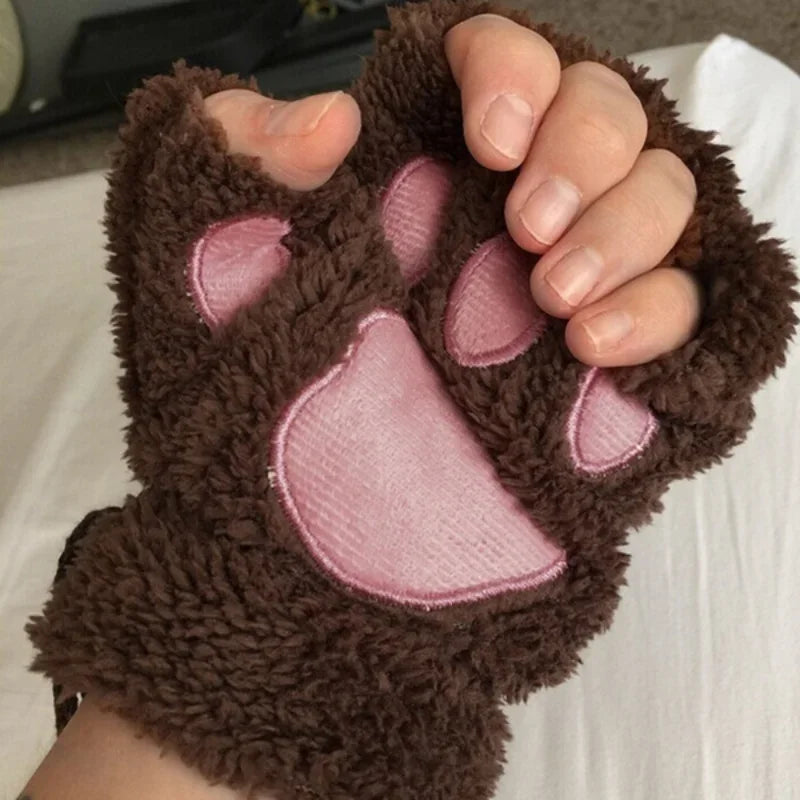 Kawaii Plush Cat Paw Fingerless Gloves