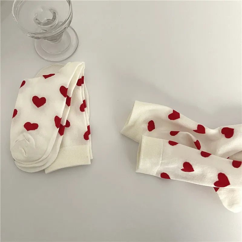 Cherry Red Heart Print Cotton Socks - Set of 2 pairs