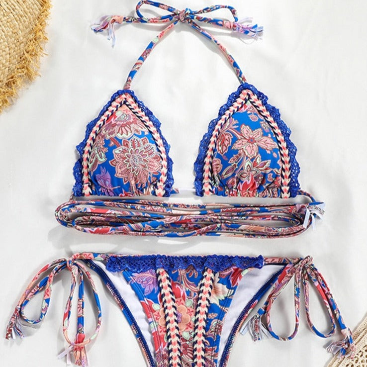 Floral Print Lace Up Two Piece Bikini