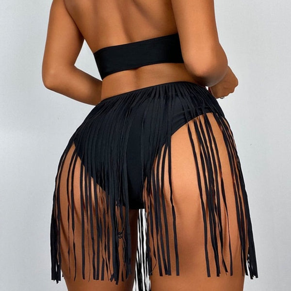 One Piece Swimsuit Black Fringed Backless Monokini