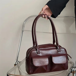 Simple Vintage Burgundy Faux Leather Shoulder Bag