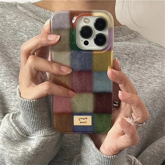 Cute Color Block Plaid Silicone iPhone Case