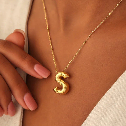 Vintage Stainless Steel Waterproof Balloon Bubble Chunky Letter Necklace