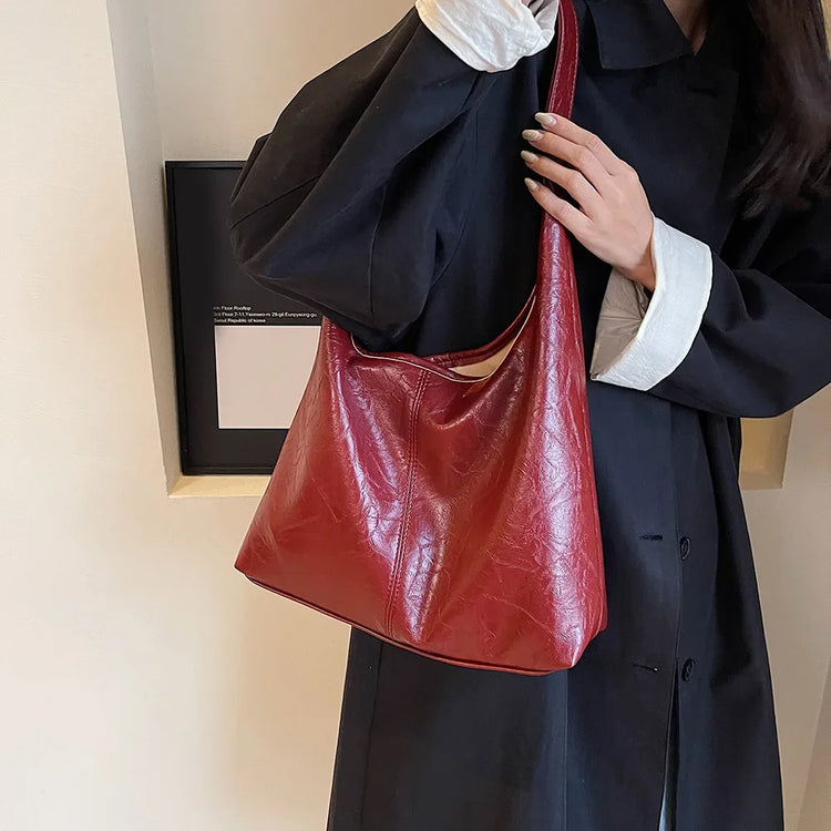 Soft Faux Leather Vintage Wine Red Commuter Shoulder Bag