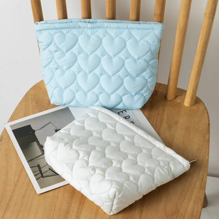 Cute Quilted Heart-Print Large Capacity Pastel Cosmetic Bag ( + more colors)