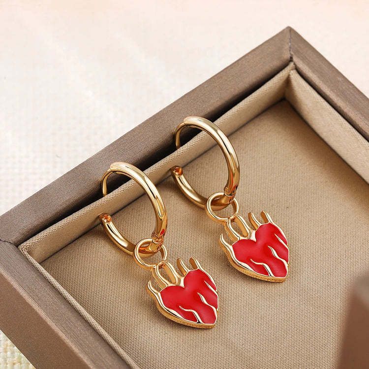 Hot Red Flaming Heart Charm Hoop Earrings