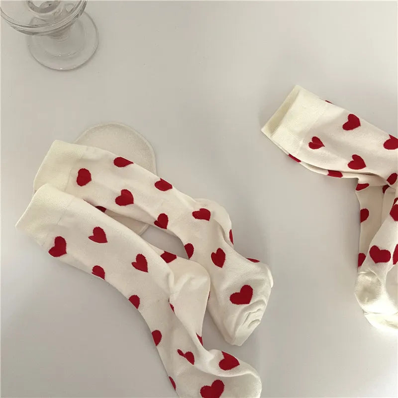 Cherry Red Heart Print Cotton Socks - Set of 2 pairs