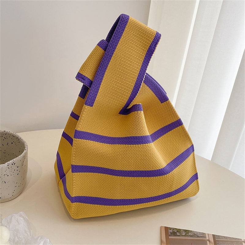 Wide Handle Striped Knitted Minimalist Handbag