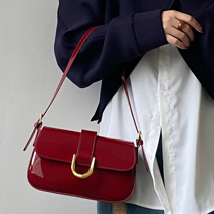 Retro Patent Leather Burgundy Shoulder Bag