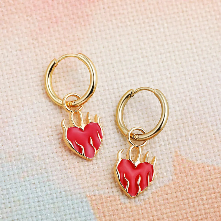 Hot Red Flaming Heart Charm Hoop Earrings