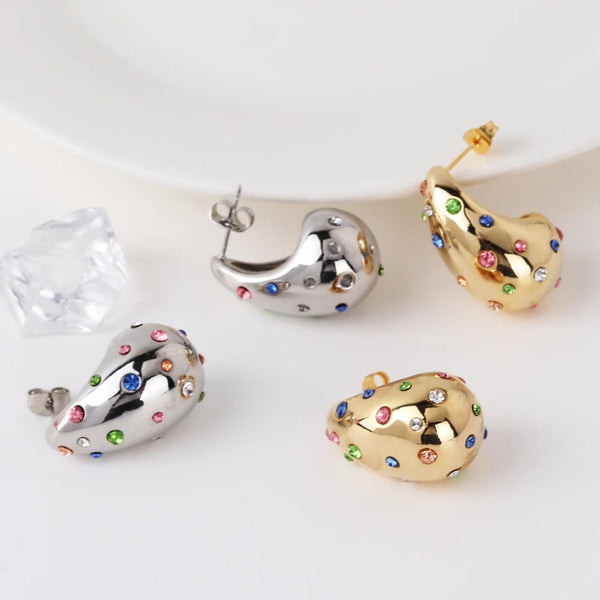 Gold-Plated Colorful Zircon Dome Stud Earrings