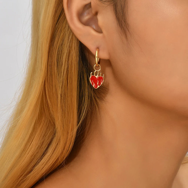 Hot Red Flaming Heart Charm Hoop Earrings