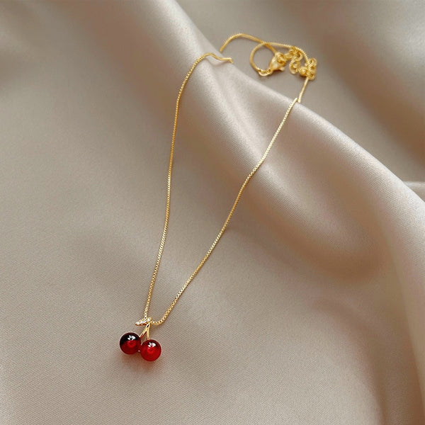 Wine Red Cherry Gold Pendant Necklace