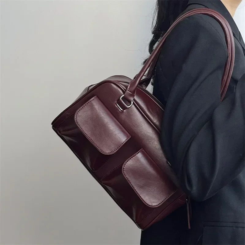 Simple Vintage Burgundy Faux Leather Shoulder Bag