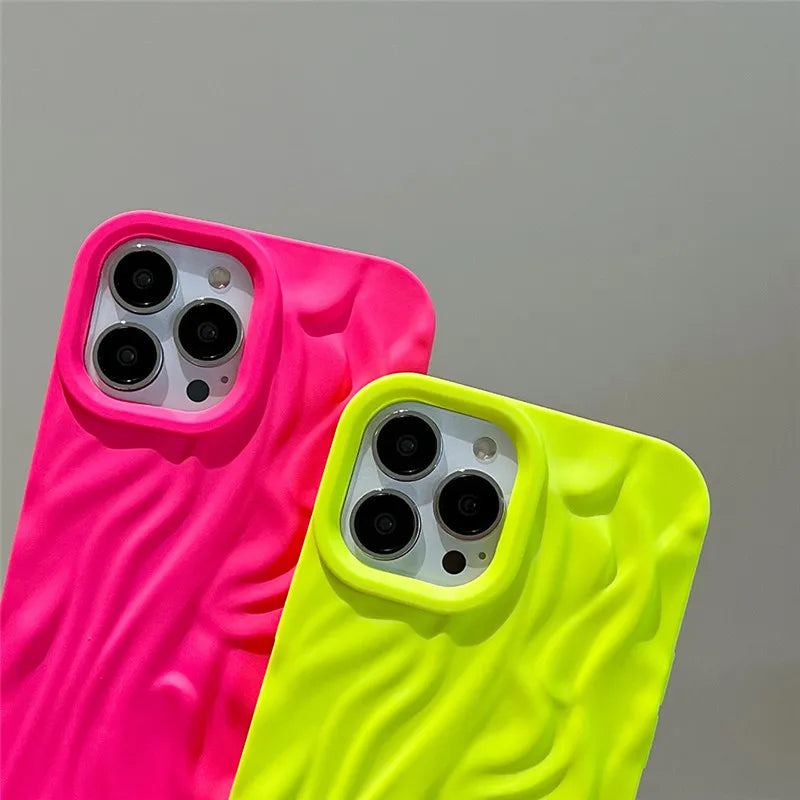 Fluorescent Yellow Pink 3D Frosted Folds Shockproof iPhone Case