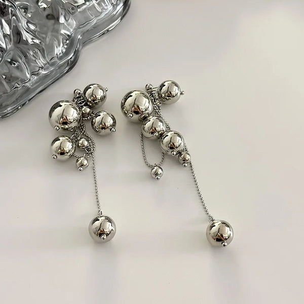 Long Tassels Round Metal Balls Grunge Pendant Earrings