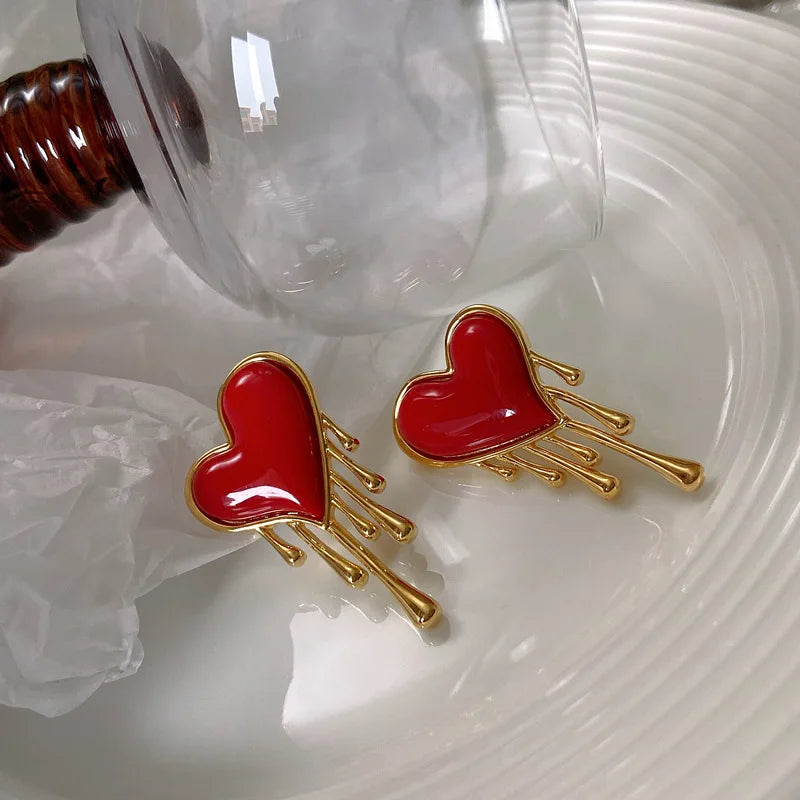 Retro Melting Heart Red Statement Earrings