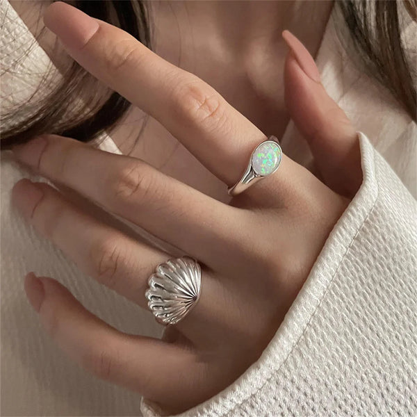 Shell Opal Stone Resizable Cuff Rings - Set of 2