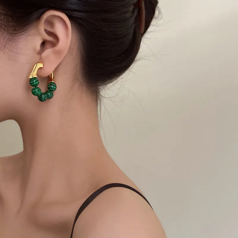 Emerald Green Bead Hoop Statement Earrings