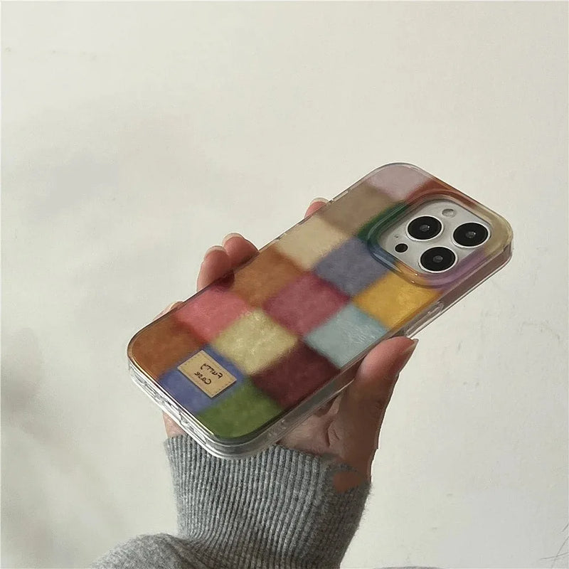 Cute Color Block Plaid Silicone iPhone Case