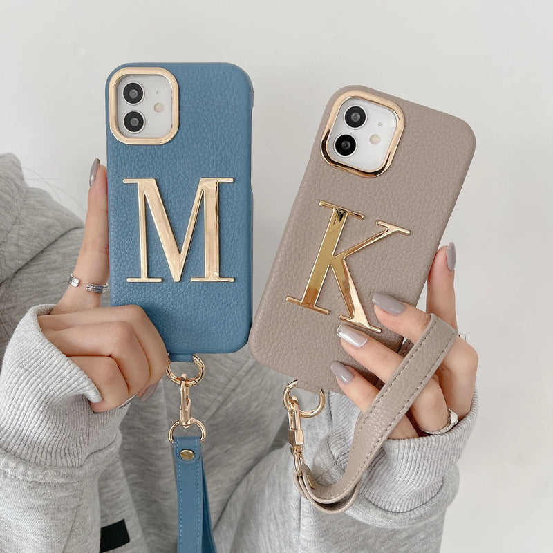 Faux Leather Custom Initial Gold Letters iPhone Case With Strap Faux Leather Custom Initial Gold Letters iPhone Case With Strap