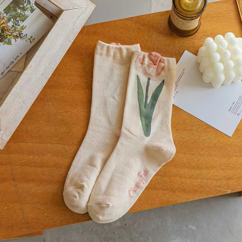 Cute Spring Tulip Series Kawaii Women Socks - 2 pairs