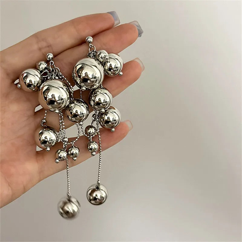 Long Tassels Round Metal Balls Grunge Pendant Earrings