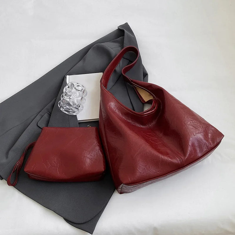 Soft Faux Leather Vintage Wine Red Commuter Shoulder Bag