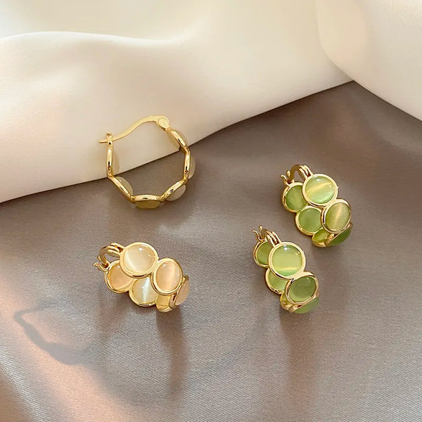 White and Green Opal Round Hoop Earrings