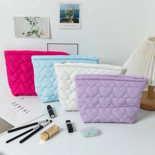 Cute Quilted Heart-Print Large Capacity Pastel Cosmetic Bag ( + more colors)