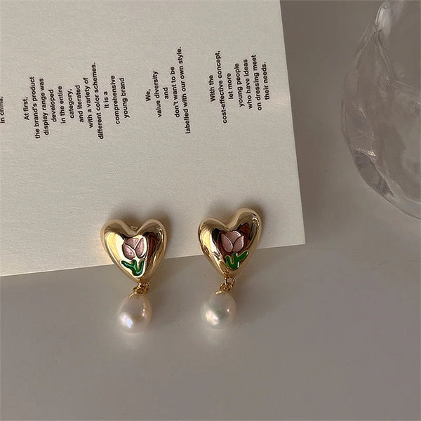 French Retro Tulip Heart Pearl Drop Earrings
