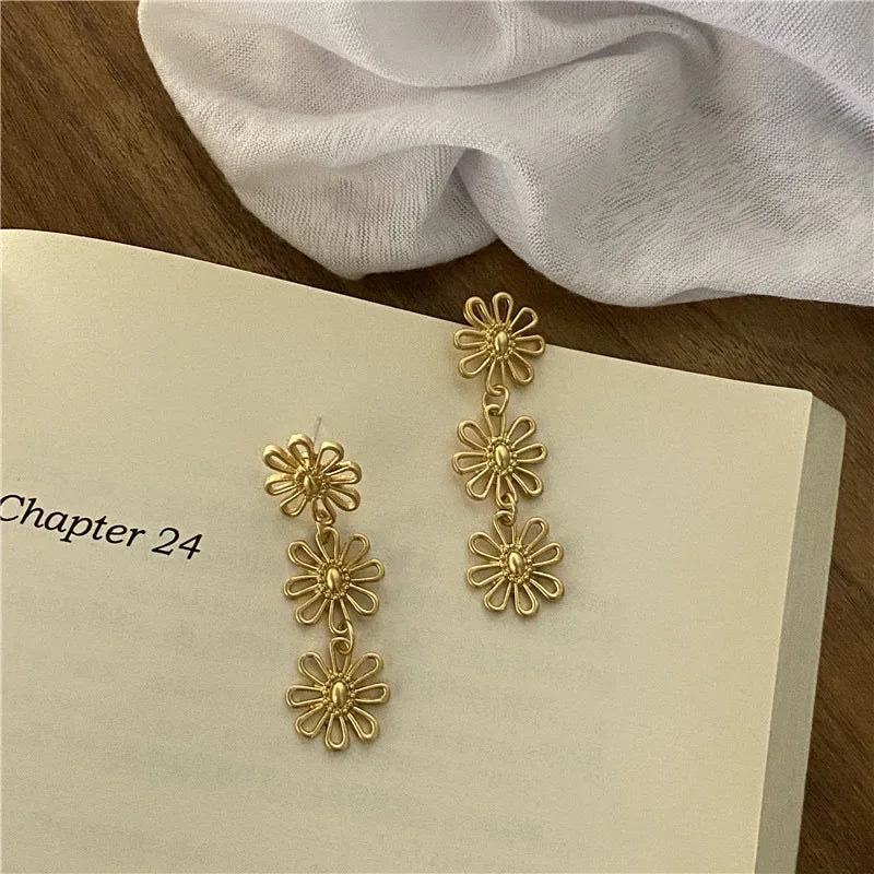 Bohemian Matte Golden Flower Statement Earrings