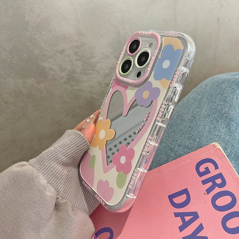 Cute Heart Flowers Mirror Pastel iPhone Case