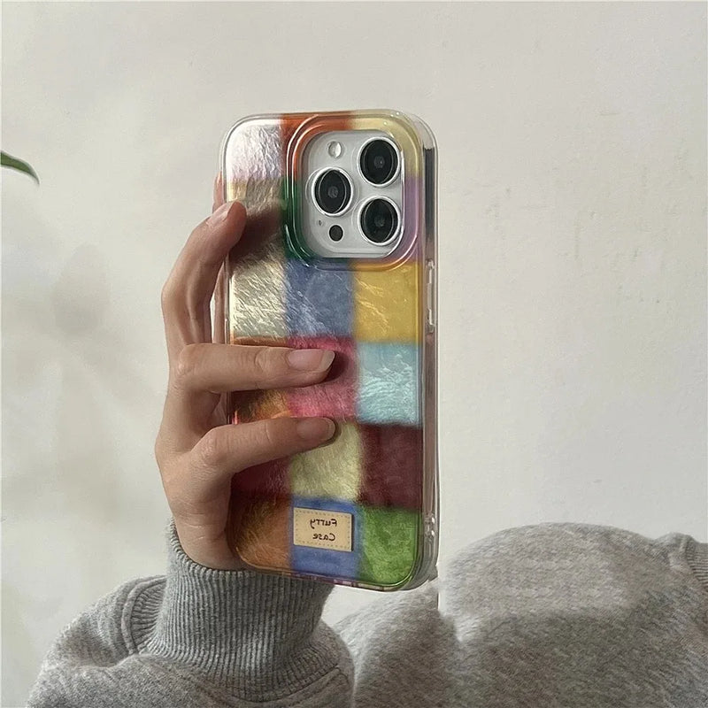 Cute Color Block Plaid Silicone iPhone Case