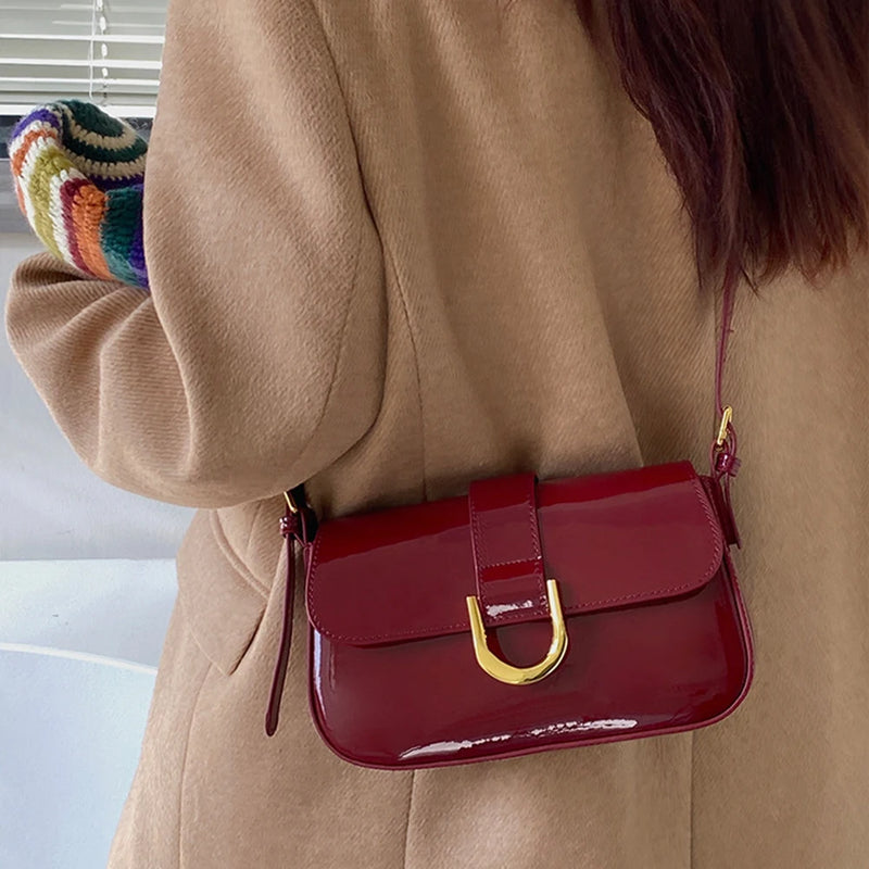 Retro Patent Leather Burgundy Shoulder Bag