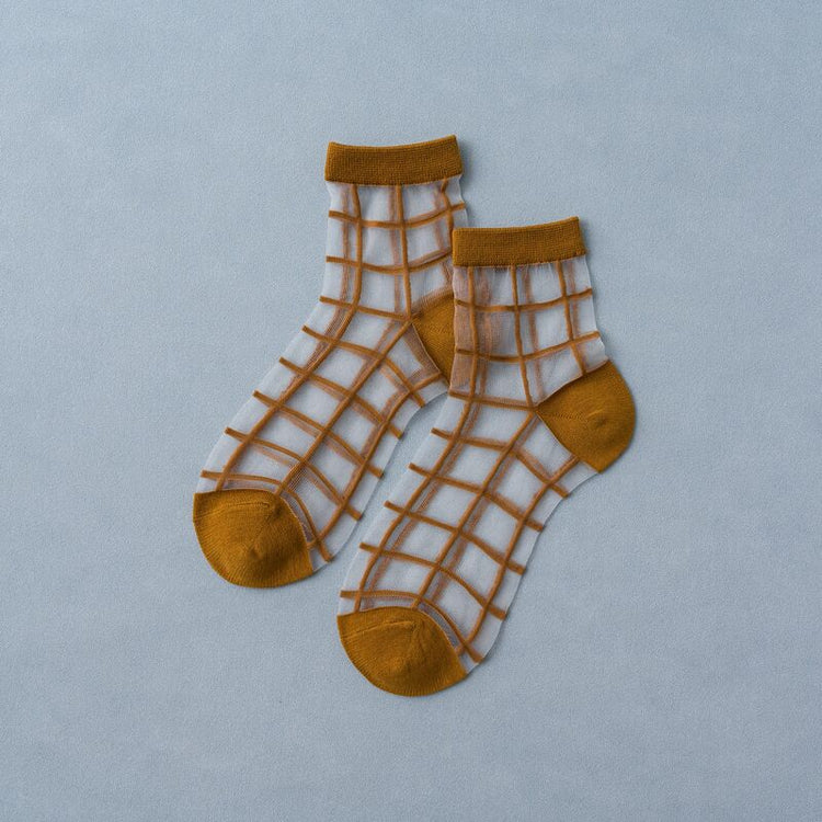 2 Pairs Of Thin Transparent Plaid Trendy Socks