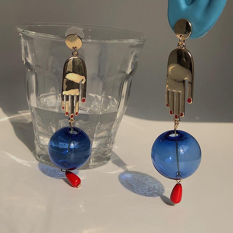 Dangle Blue Glass Ball Hand Earrings - Mad Jade's