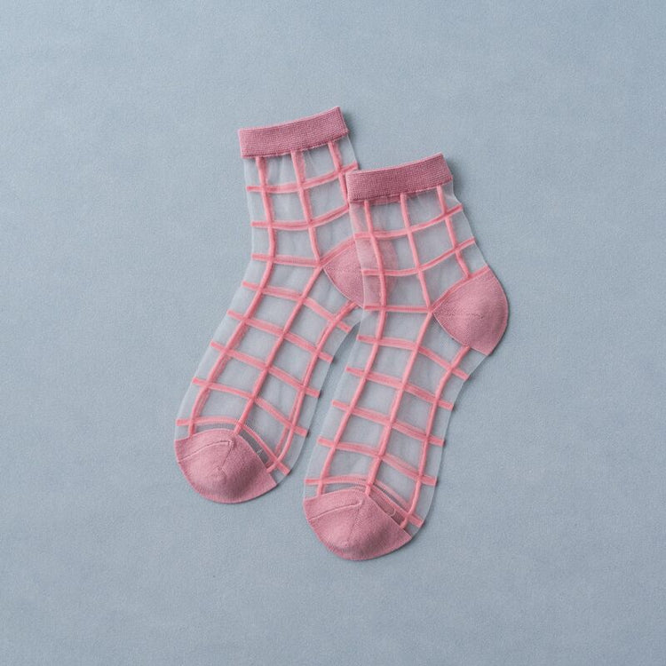 2 Pairs Of Thin Transparent Plaid Trendy Socks