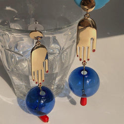 Dangle Blue Glass Ball Hand Earrings - Mad Jade's