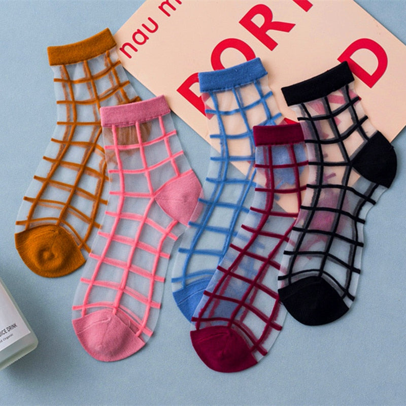 2 Pairs Of Thin Transparent Plaid Trendy Socks