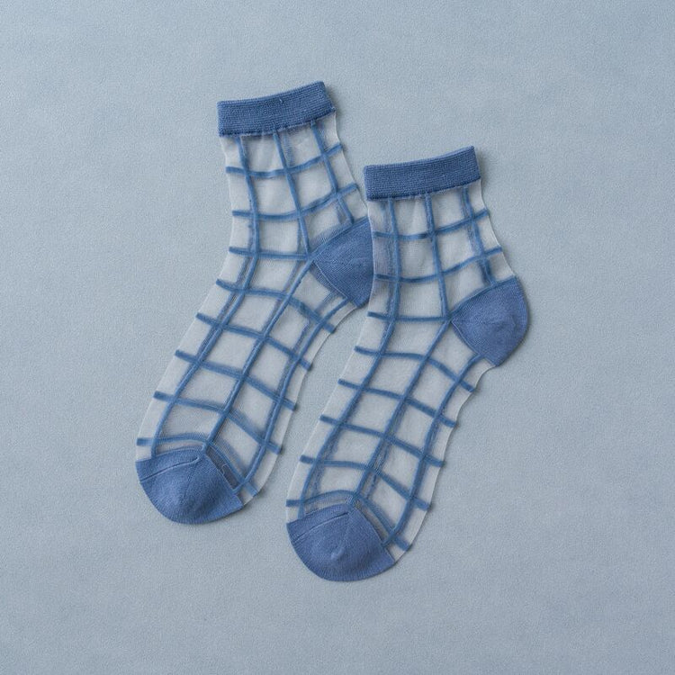 2 Pairs Of Thin Transparent Plaid Trendy Socks