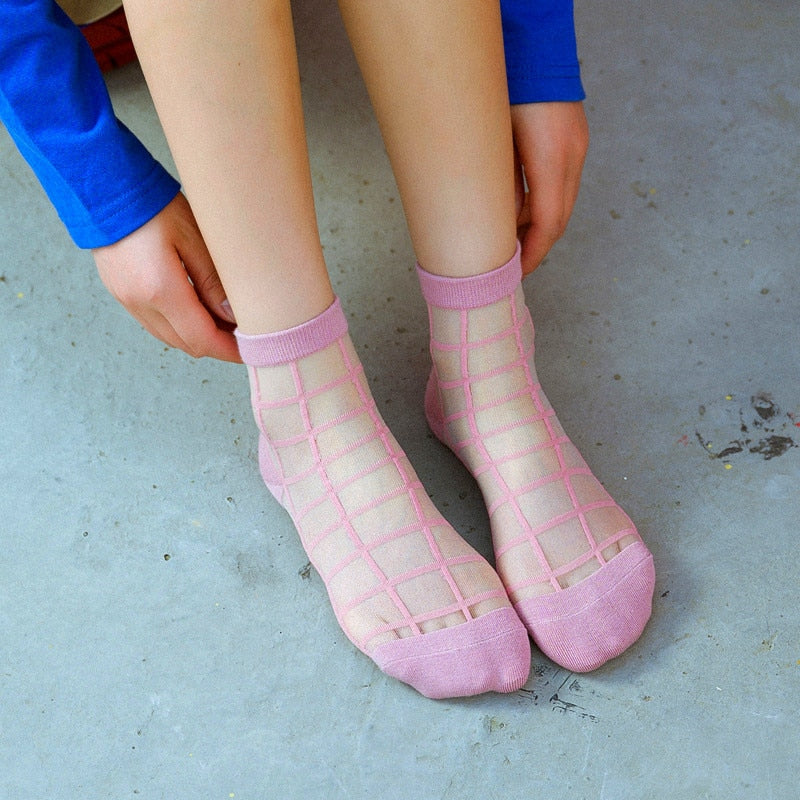2 Pairs Of Thin Transparent Plaid Trendy Socks
