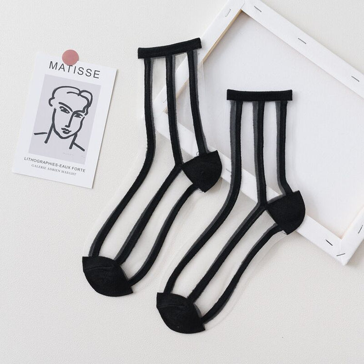 2 Pairs Of Thin Transparent Plaid Trendy Socks