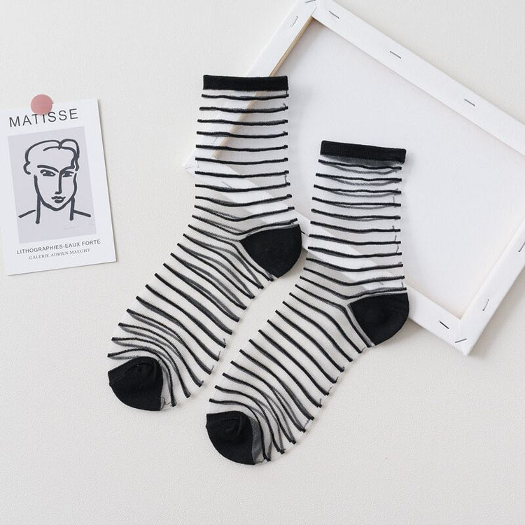 2 Pairs Of Thin Transparent Plaid Trendy Socks