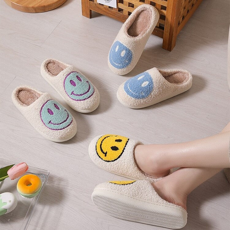 Fuzzy Smiley Face House Slippers In Multiple Colors